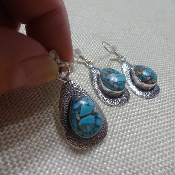 Natural "MOSAIC JASPER" Handmade Sterling NECKLACE & EARRINGS 20" Chain #303B - Picture 2 of 3